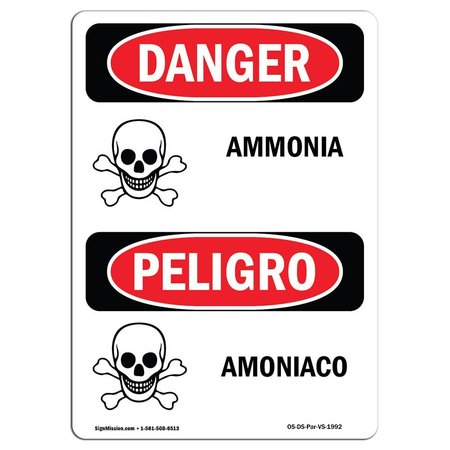 SIGNMISSION Safety Sign, OSHA Danger, 18" Height, Rigid Plastic, Amoniaco, Bilingual Spanish OS-DS-P-1218-VS-1992